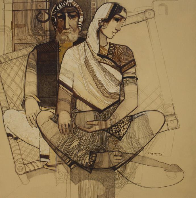 690x697 Old Couple By Artist Siddharth Shingade Figurative Art Acrylic - Old Couple Sketch