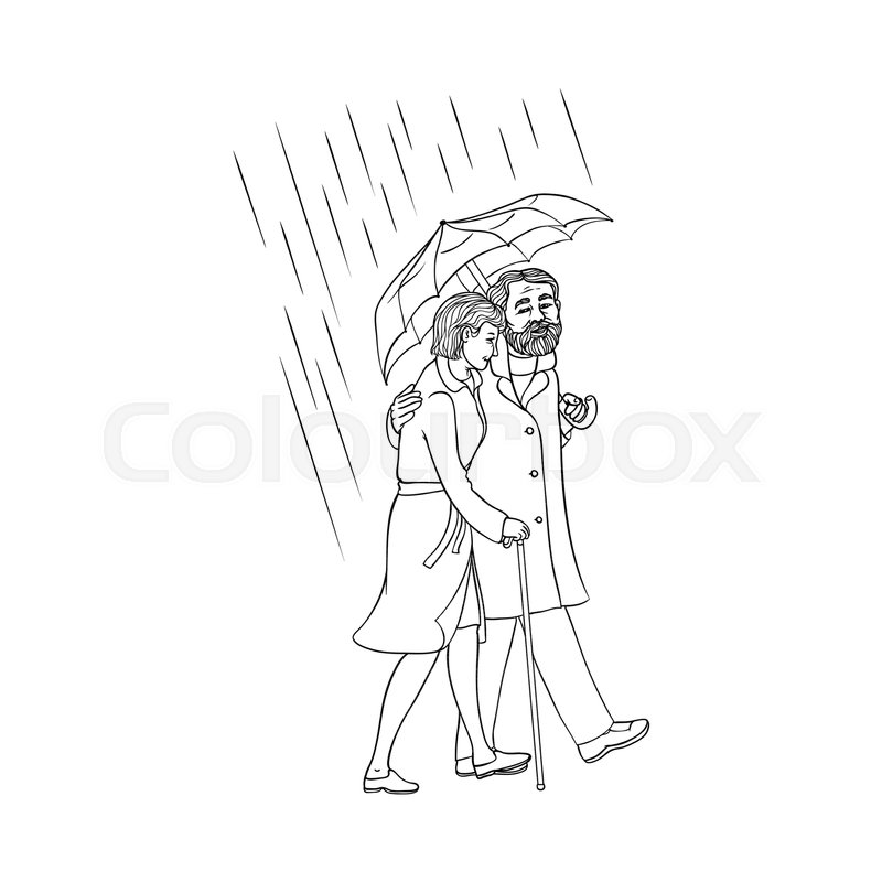800x800 Vector Sketch Cartoon Senior Elderly Couple Woman Coat Man Walking - Old Couple Sketch