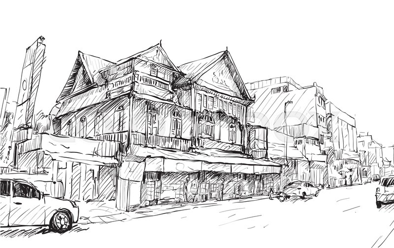 800x503 Sketch Of Cityscape In Thailand Show Old Building On Street Asia - Old House Sketch