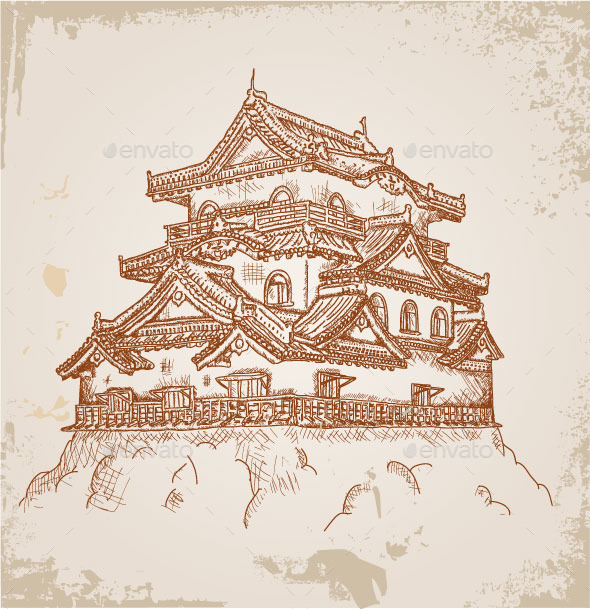 590x609 Japanese Castle Sketch On Old Paper By Flinstone123 Graphicriver - Old Paper Sketch