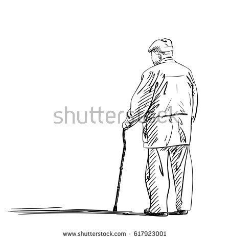 450x470 Sketch Of Old Man Walking With Stick, Hand Drawn Illustration - Old Person Sketch
