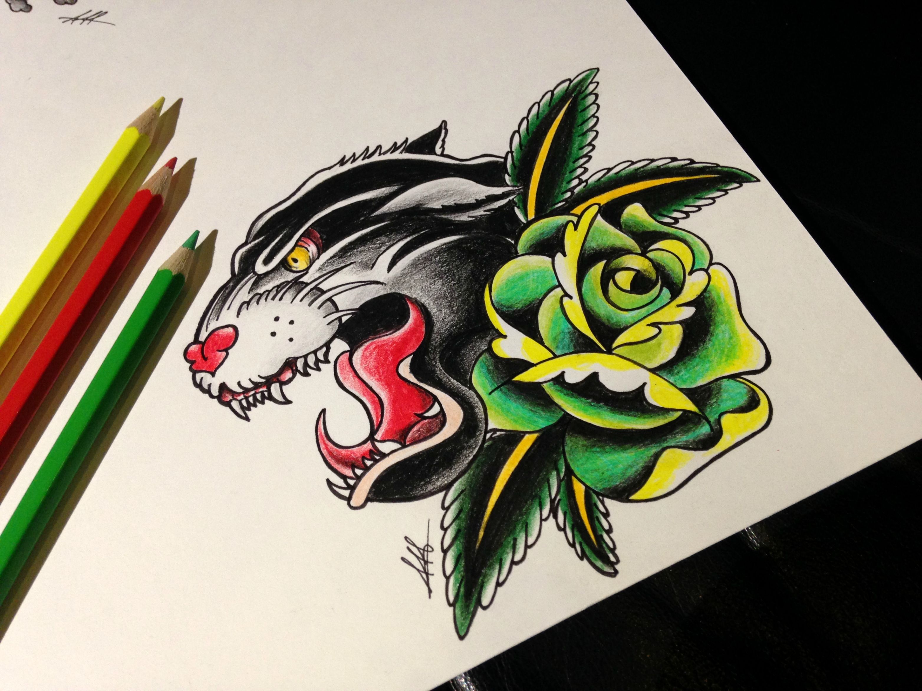 3128x2346 Panther With Rose Old School Sketch Tattoo Tattoos - Old School Sketch