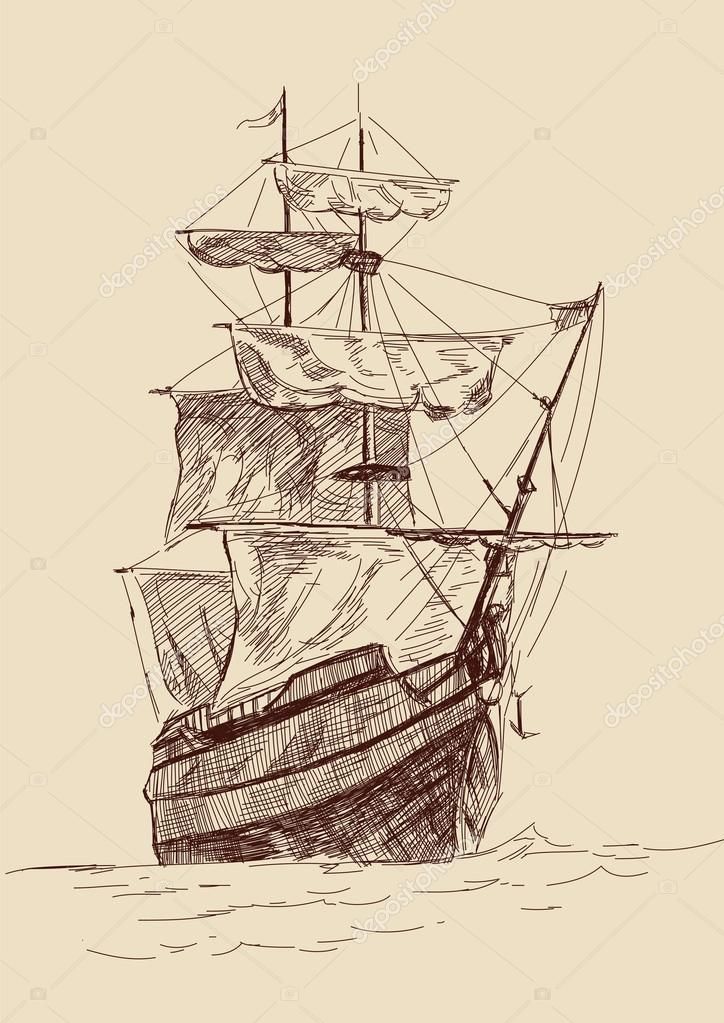 724x1023 Retro Old Ships Vintage Drawing Vector Illustration Zhivopis - Old Ship Sketch