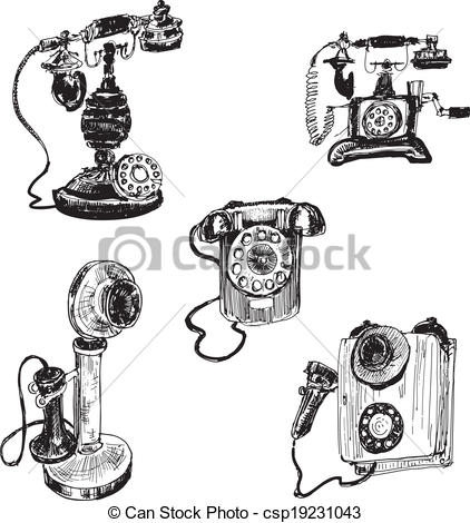 422x470 Old Vintage Telephone. Set Of Hand Drawn Illustrations. - Old Telephone Sketch