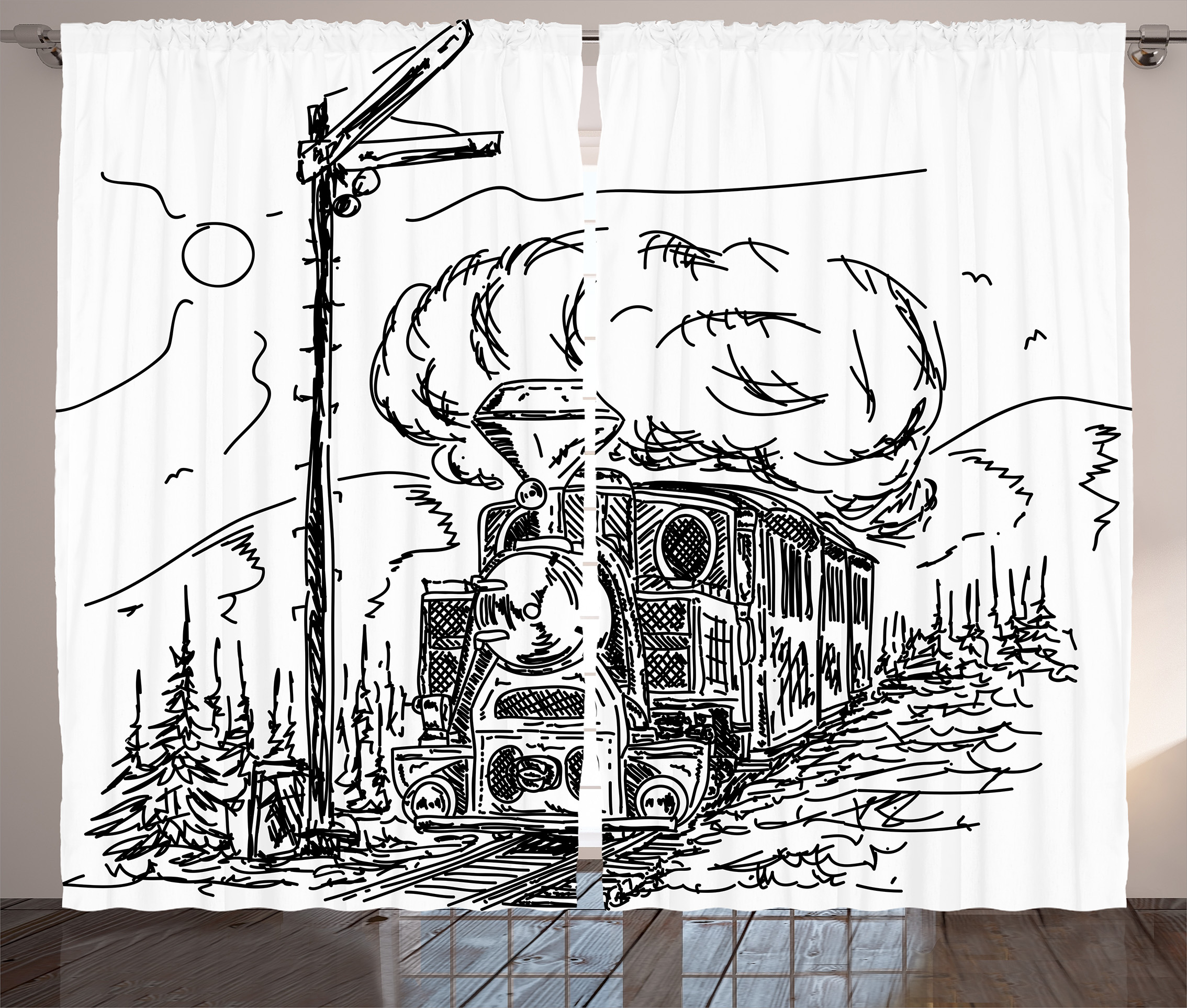 2268x1926 Steam Engine Curtains 2 Panels Set, Black And White Old Train On - Old Train Sketch