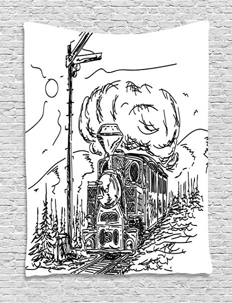 463x606 Steam Engine Tapestry Wall Hanging By Ambesonne, Black And White - Old Train Sketch