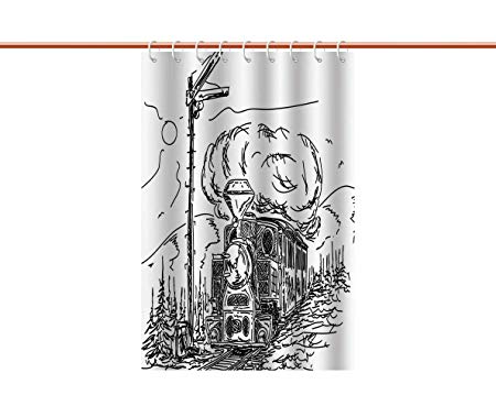 450x379 Unique Shower Curtain [ Steam Engine,black And White Old Train On - Old Train Sketch