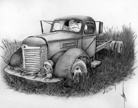 554x434 Old Truck In A Field. Graphite Pencil, Charcoal On Bristol. My - Old Truck Sketch