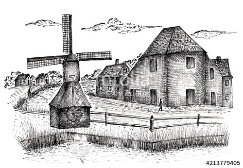 500x346 Netherlands. Drawing With A Pen And Black Ink Of An Old Village - Old Village Sketch