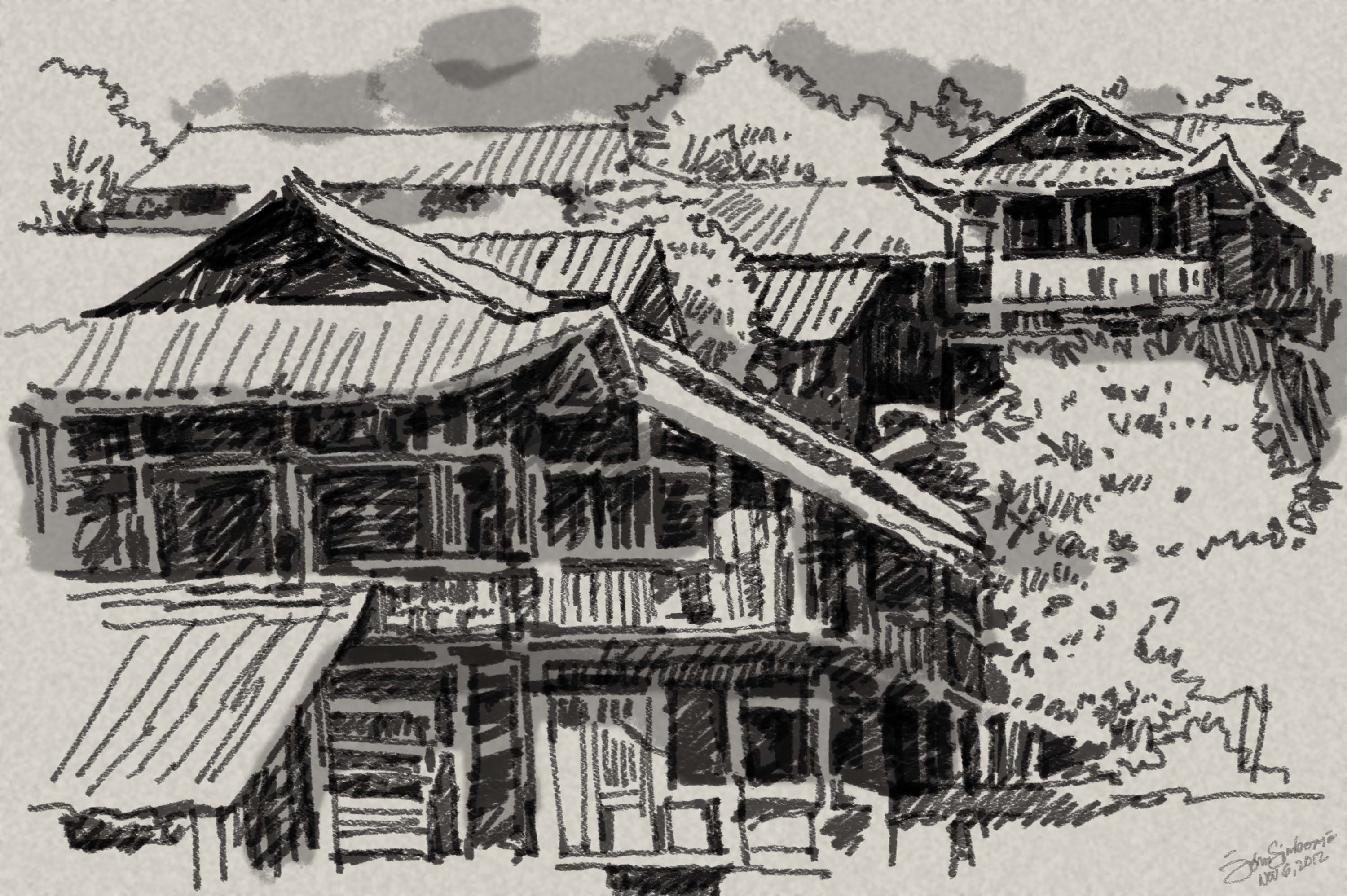 3000x1996 Old Village Sketch, Asian Village, Hill Houses, Stilt Asian Houses - Old Village Sketch