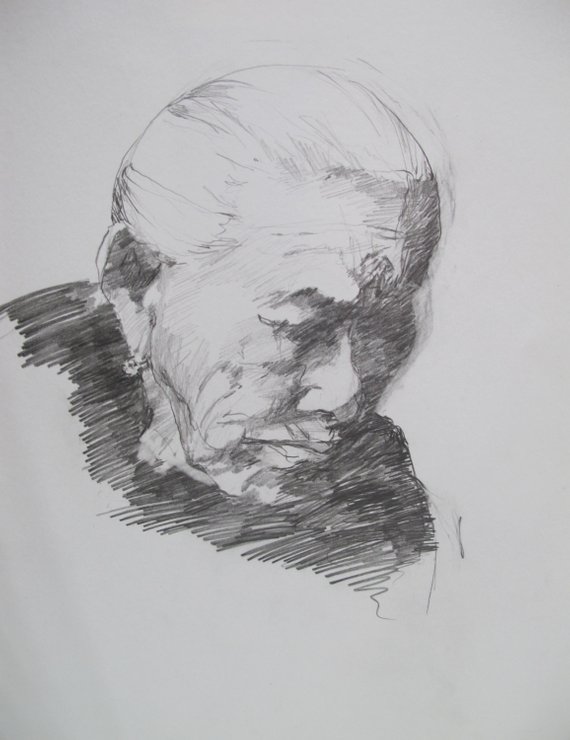 570x740 Sketch Old Woman Drawing Artist Linda Hunt South Carolina Etsy - Old Woman Sketch