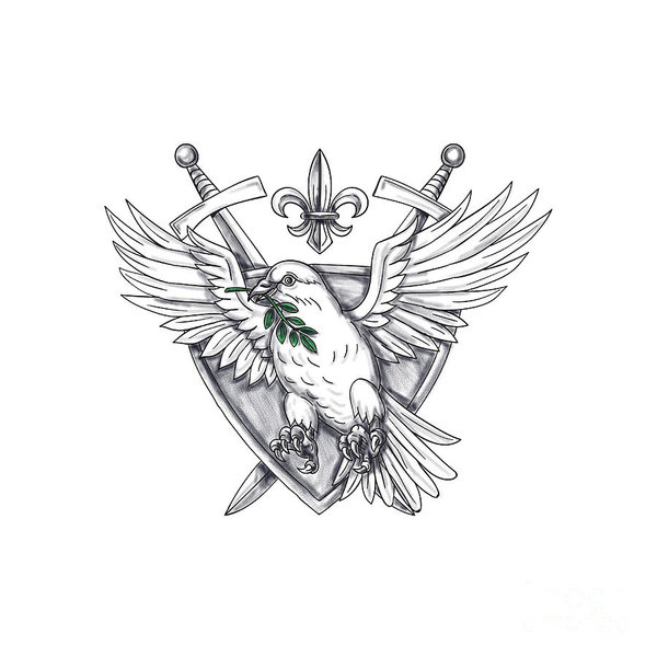 600x600 Dove Olive Leaf Sword Crest Tattoo Poster By Aloysius Patrimonio - Olive Leaf Sketch