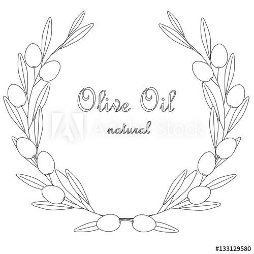 500x500 Sketch Olive Oil Label, Olive Branch Wreath With Leafs And Fruits - Olive Oil Sketch