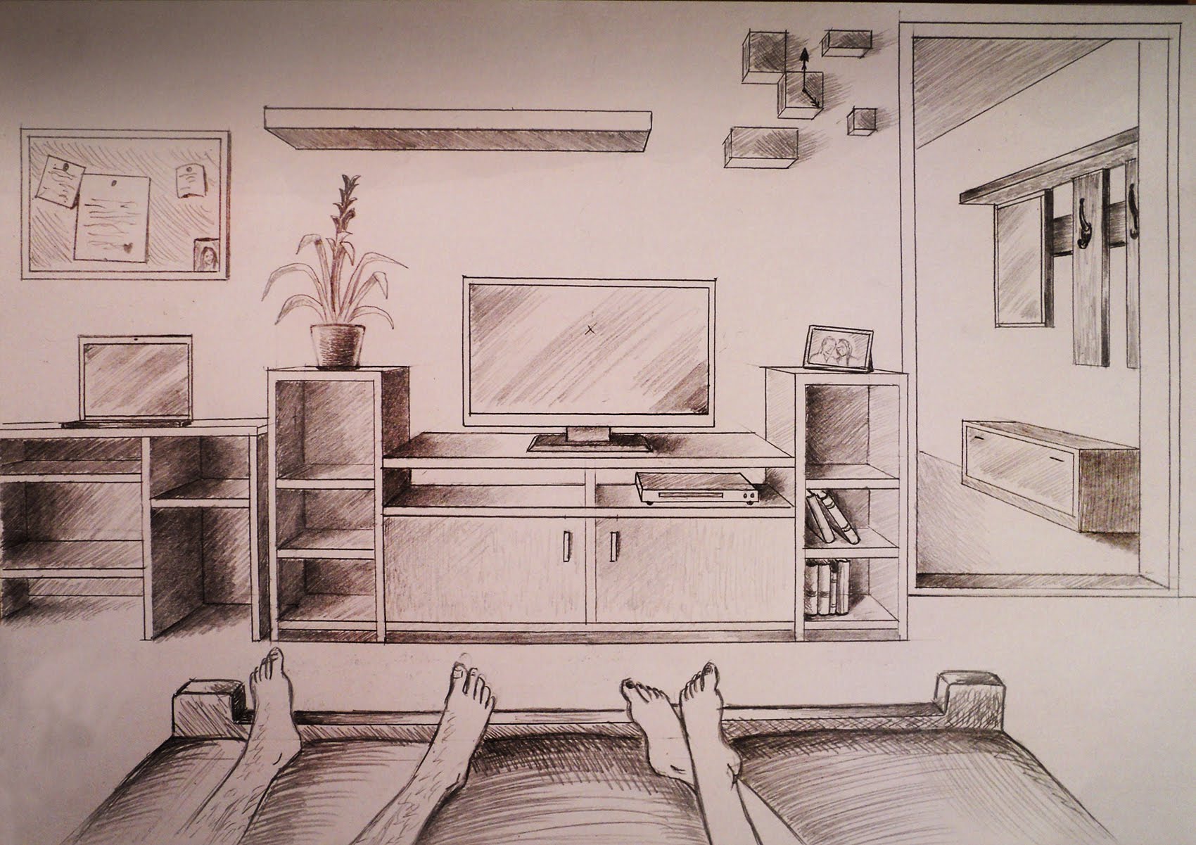 1700x1201 How To Draw - One Point Perspective Room Sketch