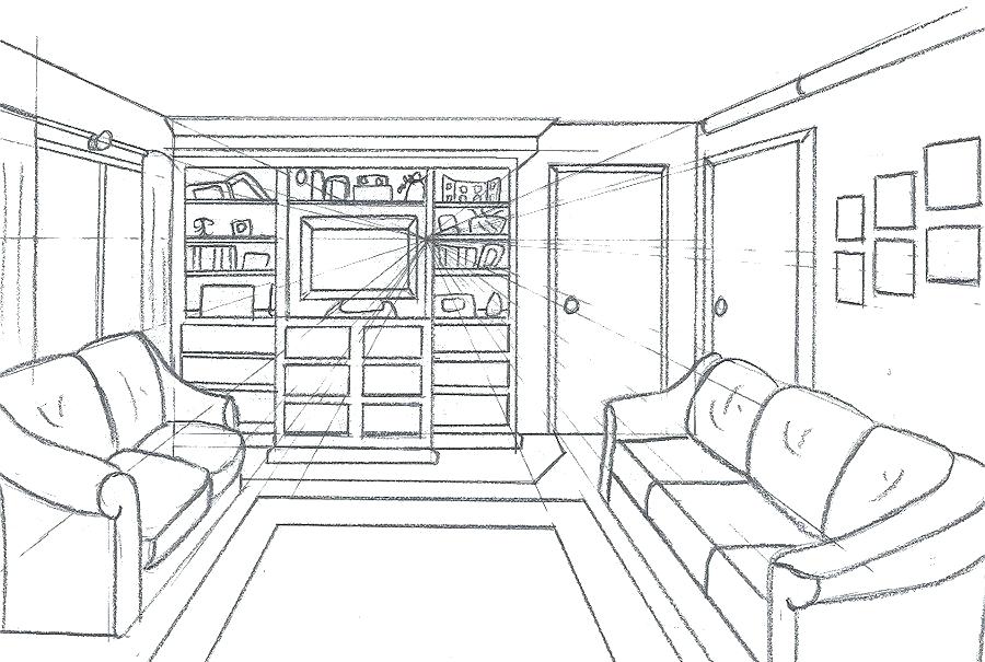 900x605 Living Room Drawing One Point Perspective Drawing Living Room - One Point Perspective Room Sketch