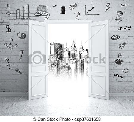 450x411 Business And Architectural Sketches. Brick Wall With Business - Open Door Sketch