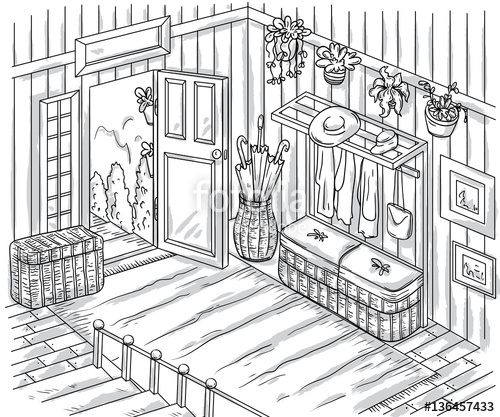 500x417 Entrance Hallway Interior With Staircase, Storage Furniture - Open Door Sketch