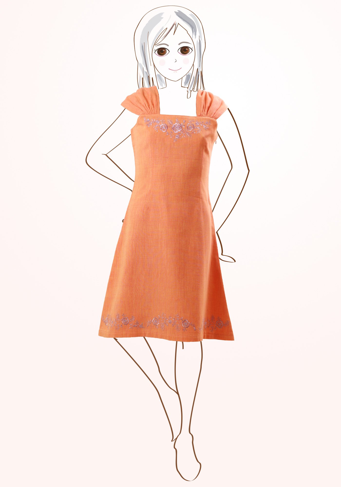 1400x2000 Orange Blossom Girls Short Dress In Cotton Khadi - Orange Blossom Sketch