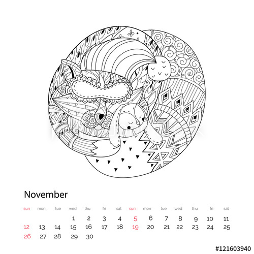 500x500 Hand Drawn Doodle Outline Fox Sleeping Decorated With Ornaments - Ornament Sketch