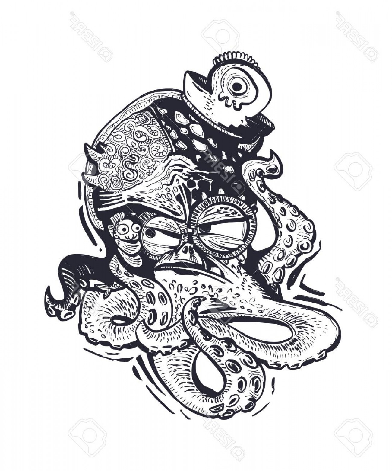 1300x1560 Photostock Vector Hand Drawn Octopus Silhouette Decorated Sketch - Ornament Sketch