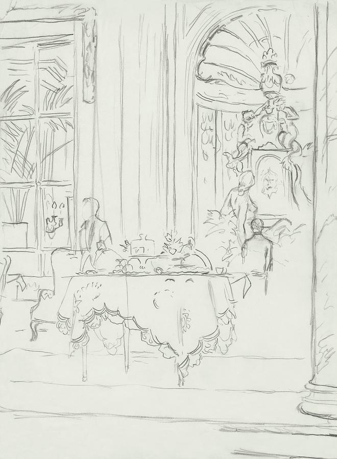 660x900 Sketch Of A Formal Dining Room Digital Art By Carl Oscar August - Oscar Sketch