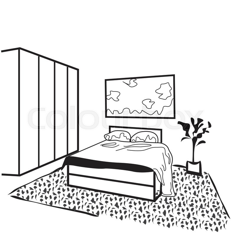 800x797 Outline Sketch Of A Interior Space. Bedroom Interior. Stock - Out Line Sketch