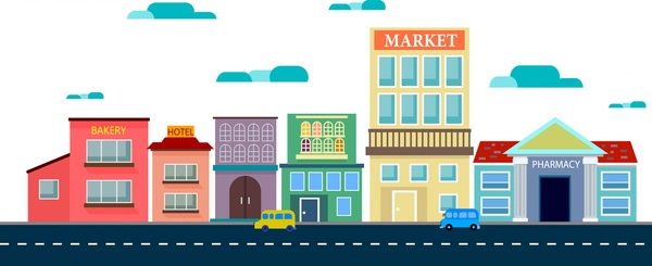 600x245 Outlet Mall Scheme Sketch Colored Buildings And Road Free Vector - Outlet Sketch