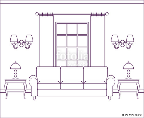 500x409 Room Interior. Vector Living Room. Home Flat Design With Furniture - Outline Sketch