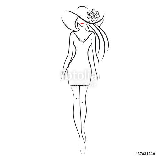500x500 Fashion Model Sketch. Silhouette Of Beautiful Woman In Big Hat - Outline Sketch Of A Girl