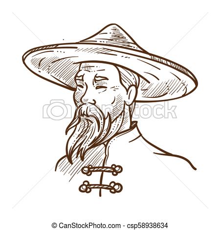 450x470 Chinese Man Wearing Traditional Clothes Monochrome Sketch Vector - Outline Sketch Of A Person