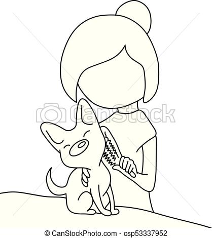 418x470 Woman Combing Fur Her Small Dog On A Table Vector Illustration - Outline Sketch Of A Woman
