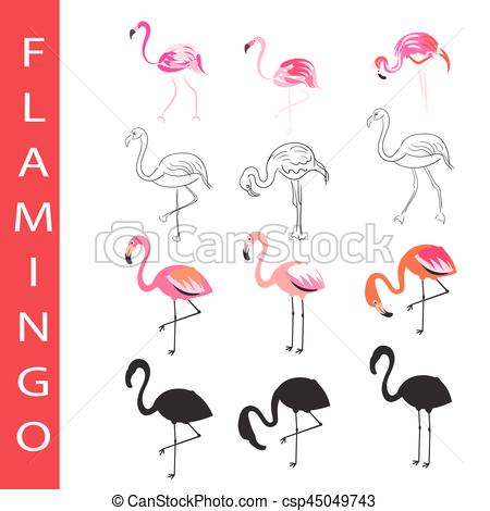 450x470 Flamingo Birds Vector Set. Cartoon, Outline And Silhouette - Outline Sketch Of Birds