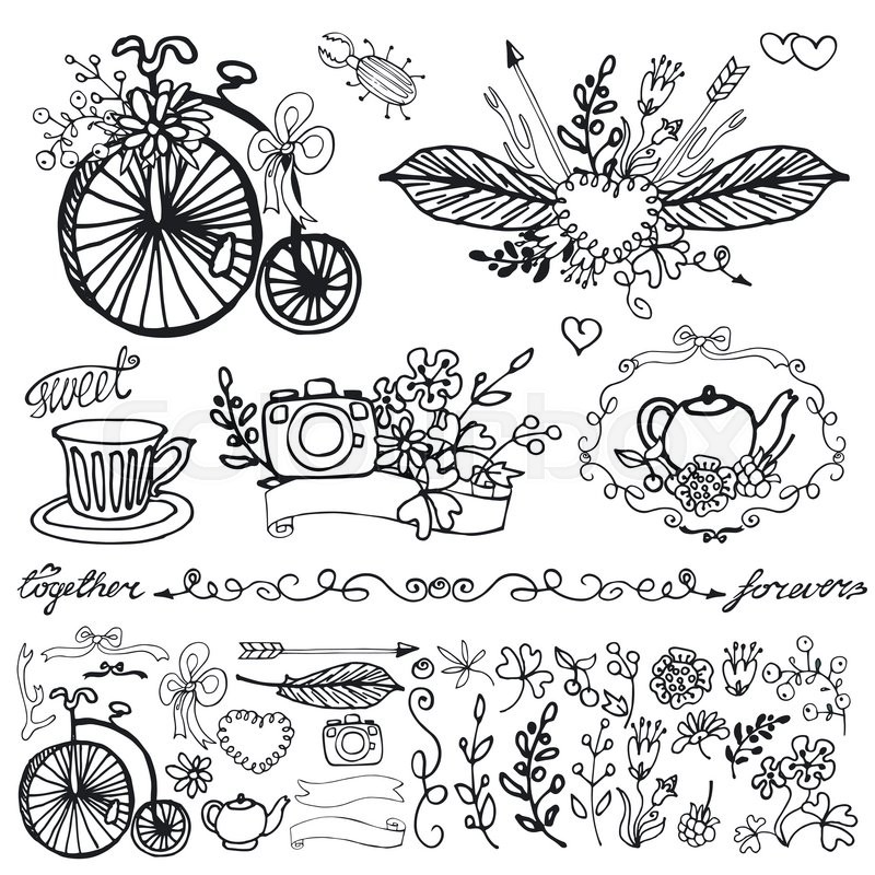 800x800 Doodle Floral Group Set.outline Hand Sketch Vintage Decor Elements - Outline Sketch Of Flowers
