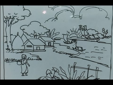 480x360 Village Nature Scenery Drawing Easy Tutorial For Kids - Outline Sketch Of Scenery