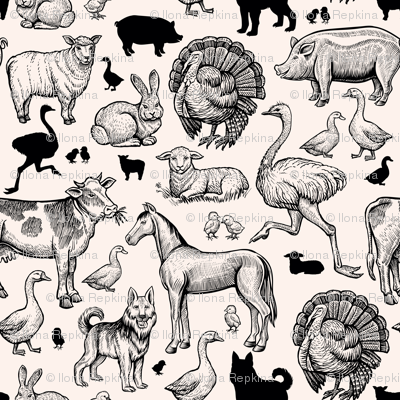 400x400 Farm Animals Hand Drawn Outline Inked Sketches. Vintage Engraving - Outline Sketches Of Animals