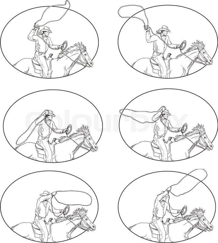 719x800 Collection Set Of Illustrations Of A Rodeo Cowboy Holding Lasso - Oval Sketch