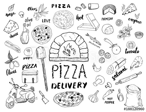 500x385 Pizza Menu Hand Drawn Sketch Set. Pizza Preparation And Delivery - Oven Sketch