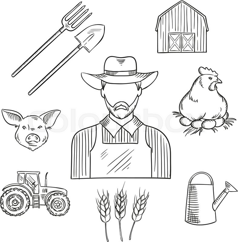 786x800 Farmer Profession Sketch For Agriculture Design With Bearded Man - Overalls Sketch