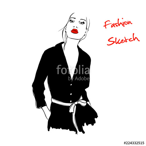 500x500 Fashion Woman Sketch With Red Lips. Beautiful Young Woman In Black - Overalls Sketch