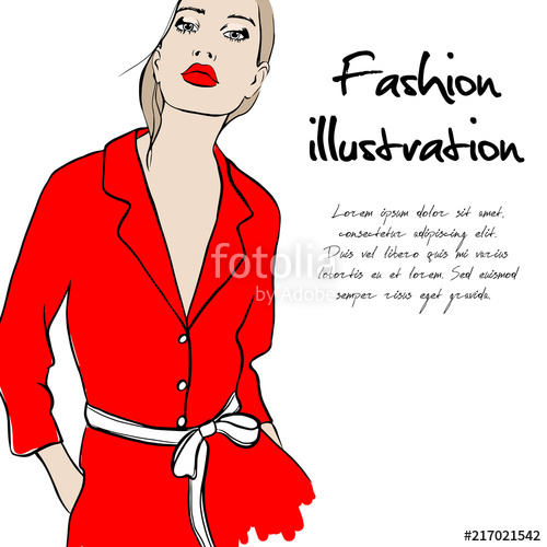 500x500 Fashion Woman Sketch With Red Lips. Beautiful Young Woman In Red - Overalls Sketch