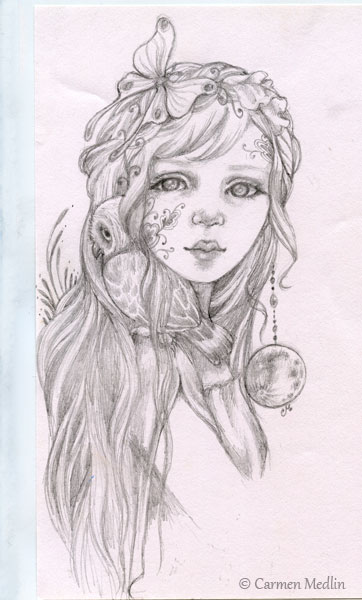 362x600 Owl Girl Sketch Carmen Medlin Art - Owl Sketch Art