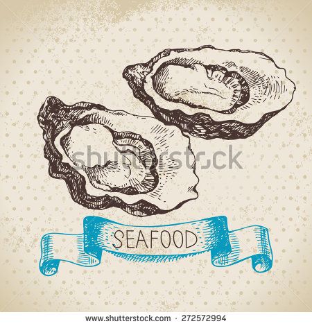 450x470 Vintage Sea Background. Hand Drawn Sketch Seafood Vector - Oyster Sketch
