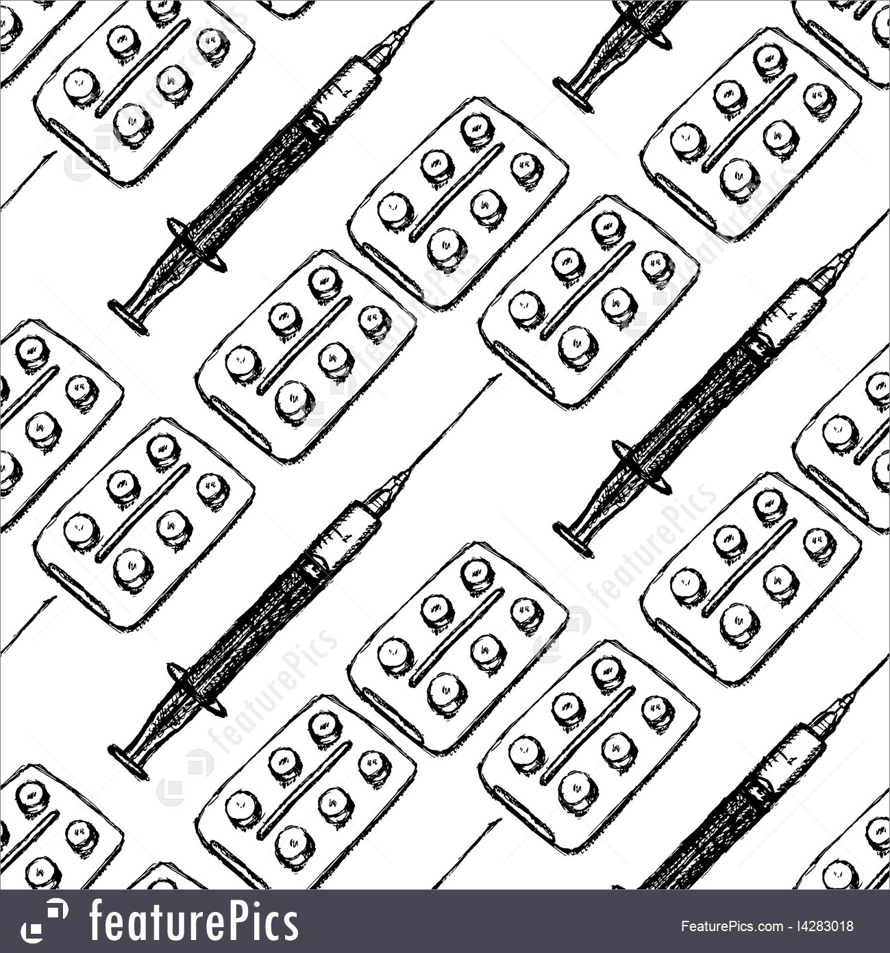 1299x1392 Sketch Syringe And Tablets Package In Vintage Style Illustration - Package Sketch