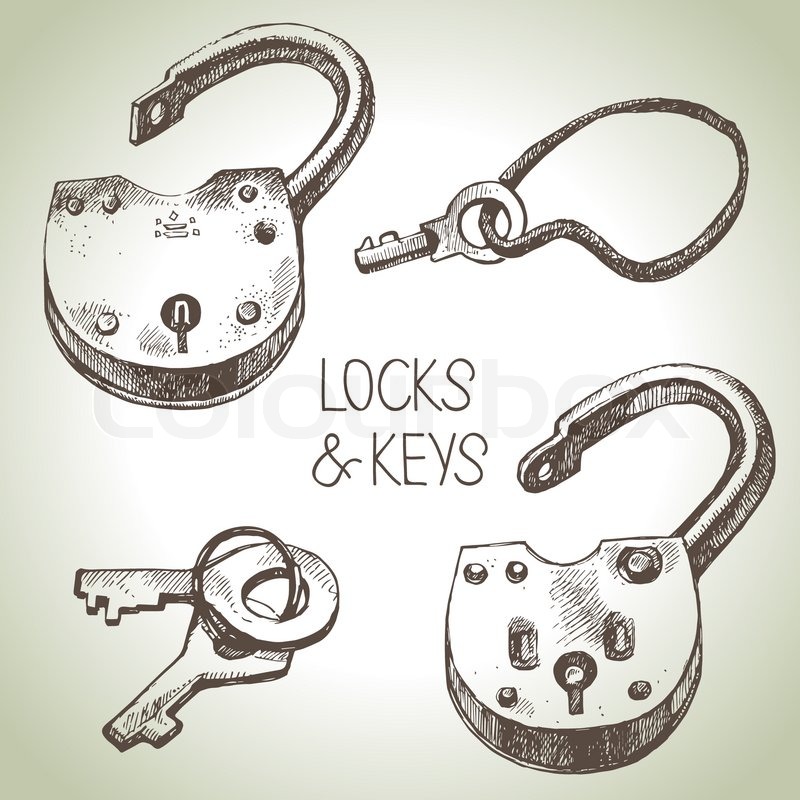 800x800 Hand Drawn Sketch Locks And Keys Set. Vector Illustration Stock - Padlock Sketch