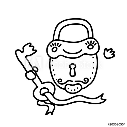 500x500 Cute Smiling Padlock With Key In Hand. Linear Sketch, Vector - Padlock Sketch