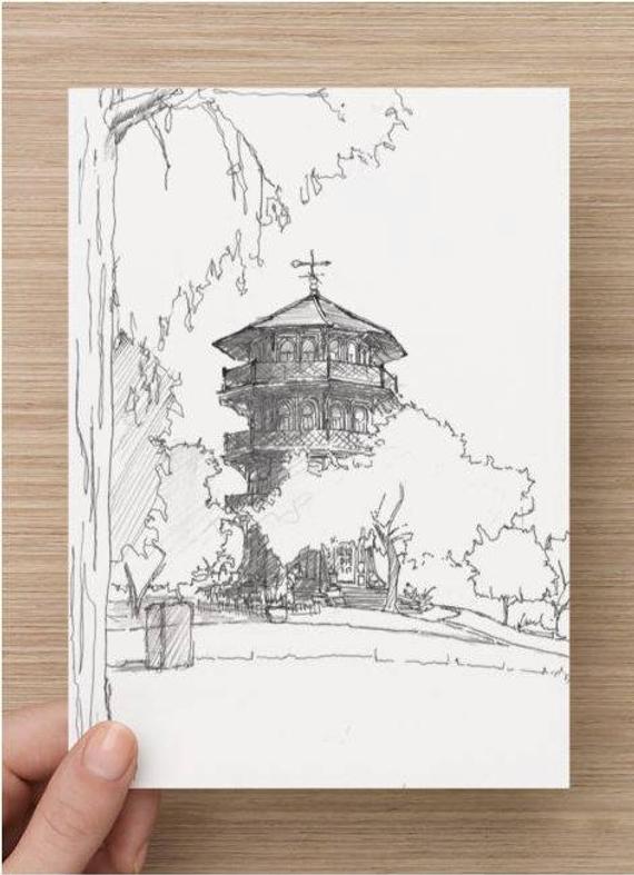 570x787 Ink Sketch Of The Pagoda In Patterson Park Baltimore Etsy - Pagoda Sketch