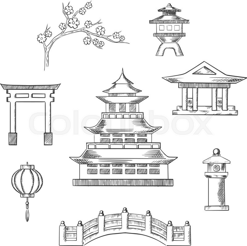800x797 Japan Travel Icons In Sketch Style With Traditional Japanese - Pagoda Sketch