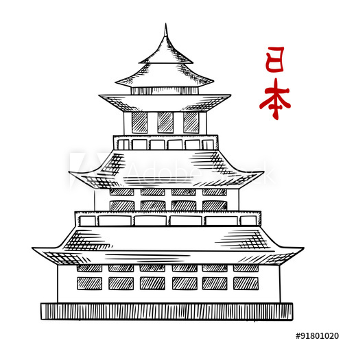 500x500 Japanese Old Pagoda Tower Sketch - Pagoda Sketch