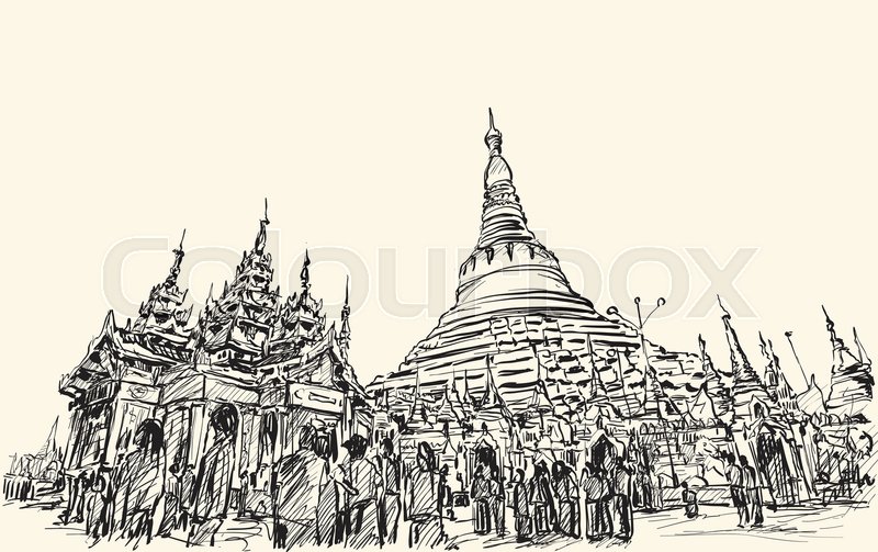 800x503 Sketch Cityscape Of Yangon, Myamar Image Of Shwedagon Pagoda, Free - Pagoda Sketch