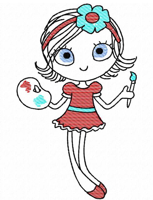 489x640 Swirly Girl Artist Painting Sketch Embroidery Design - Paint Palette Sketch